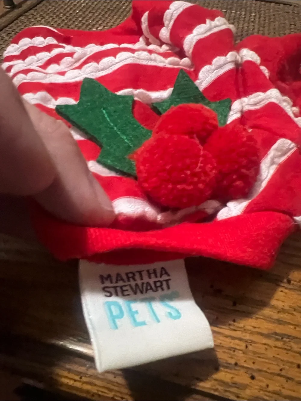 Martha Stewart Red & White Striped Holiday Pet Tee with Holly Pom